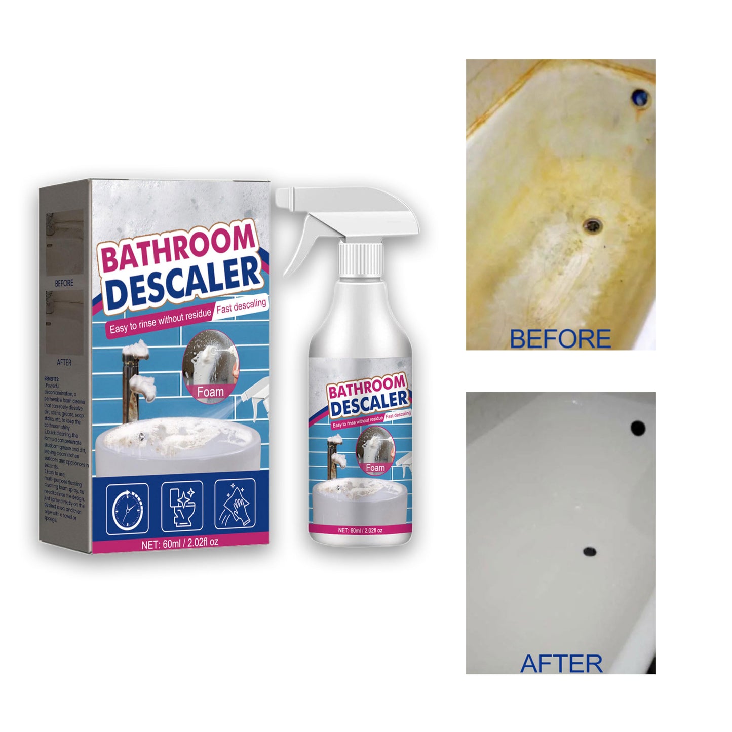 60ml Bathroom Descaler Spray, Bathroom Descaler Stubborn Stains Cleaner, All Purpose Bathroom Bubble Cleaner