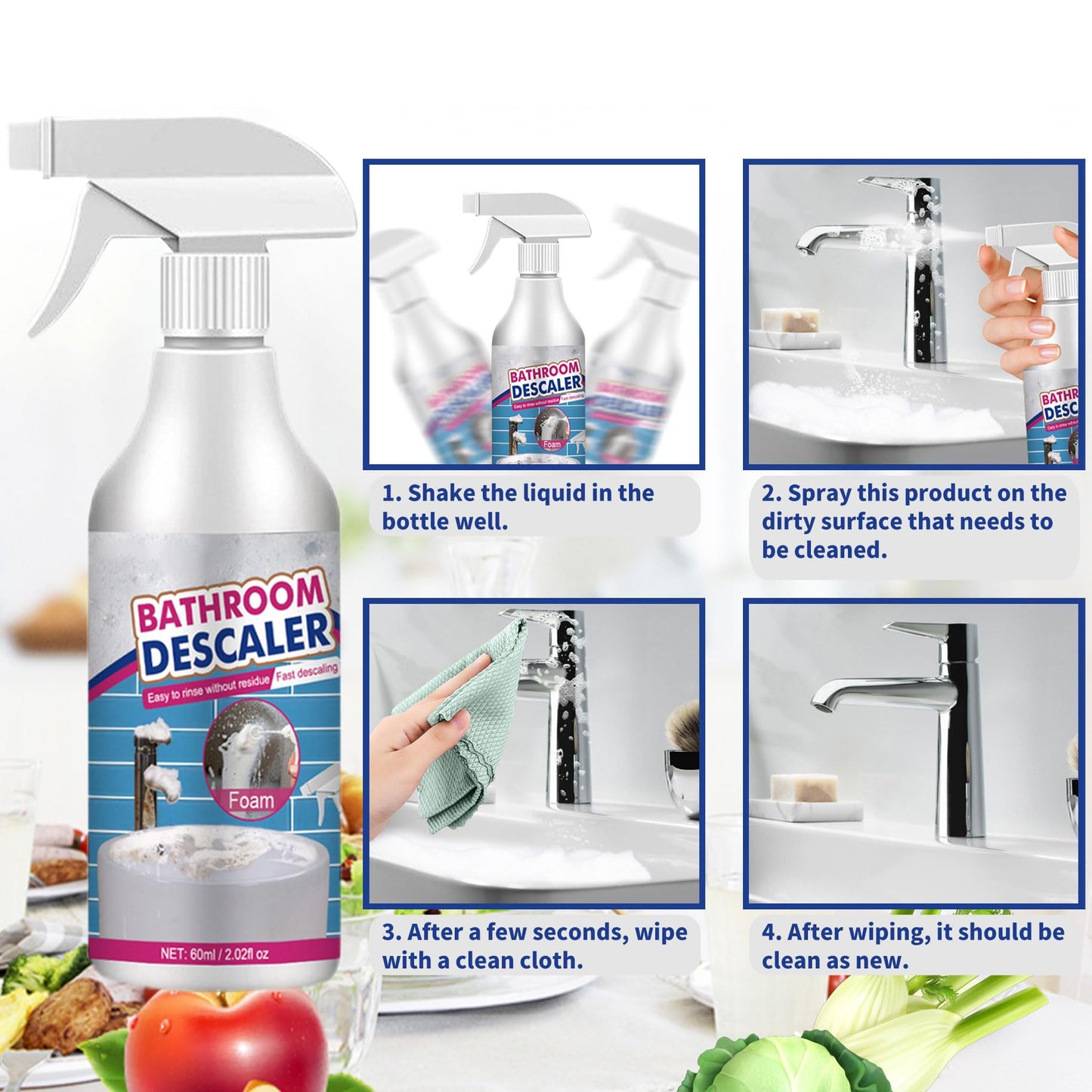 60ml Bathroom Descaler Spray, Bathroom Descaler Stubborn Stains Cleaner, All Purpose Bathroom Bubble Cleaner