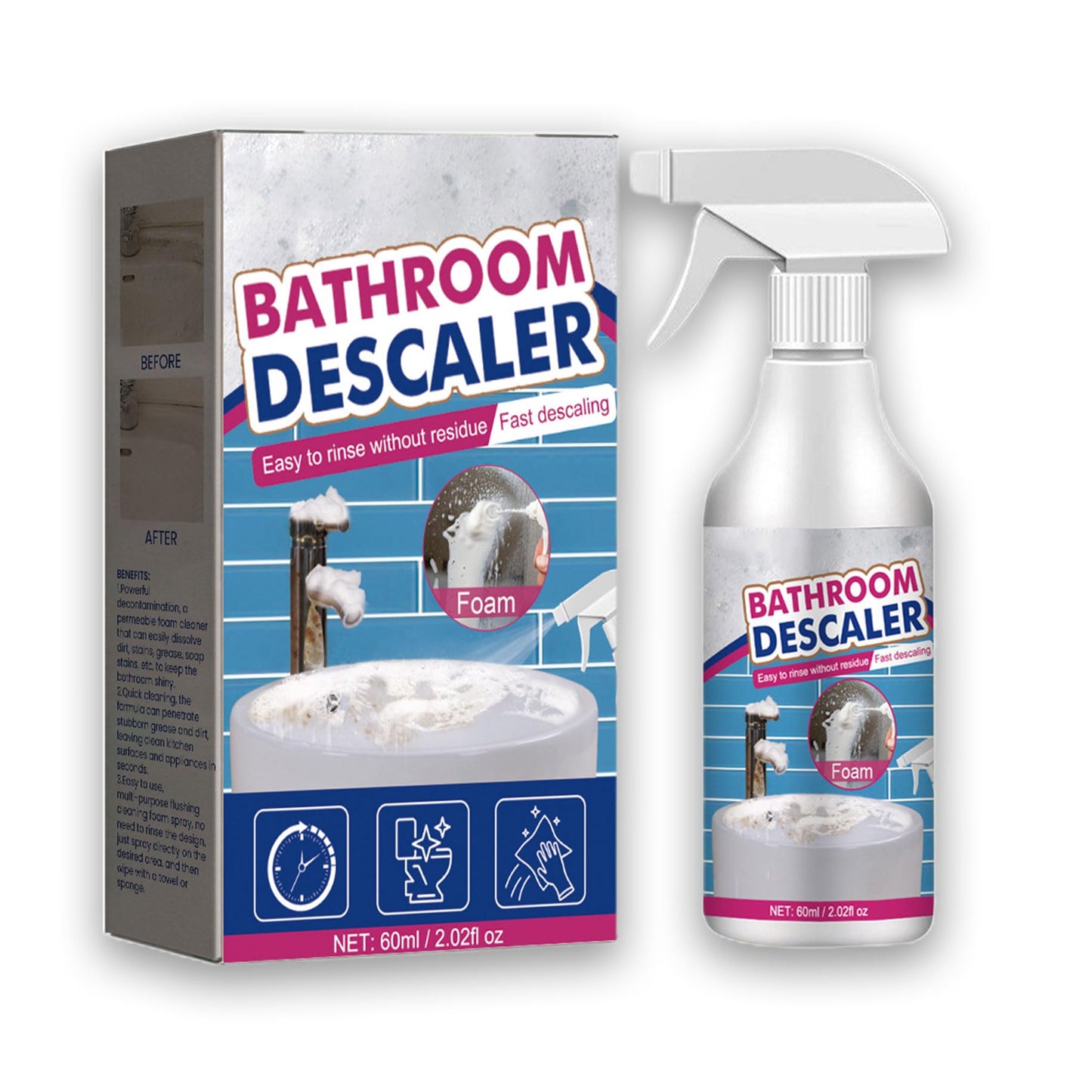 60ml Bathroom Descaler Spray, Bathroom Descaler Stubborn Stains Cleaner, All Purpose Bathroom Bubble Cleaner
